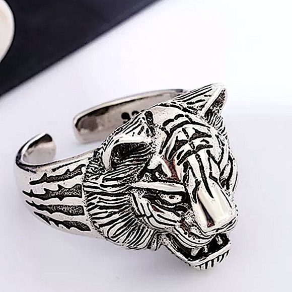 STERLING SILVER LION TIGER HEAD PUNK VIKING RING - Picture 6 of 6